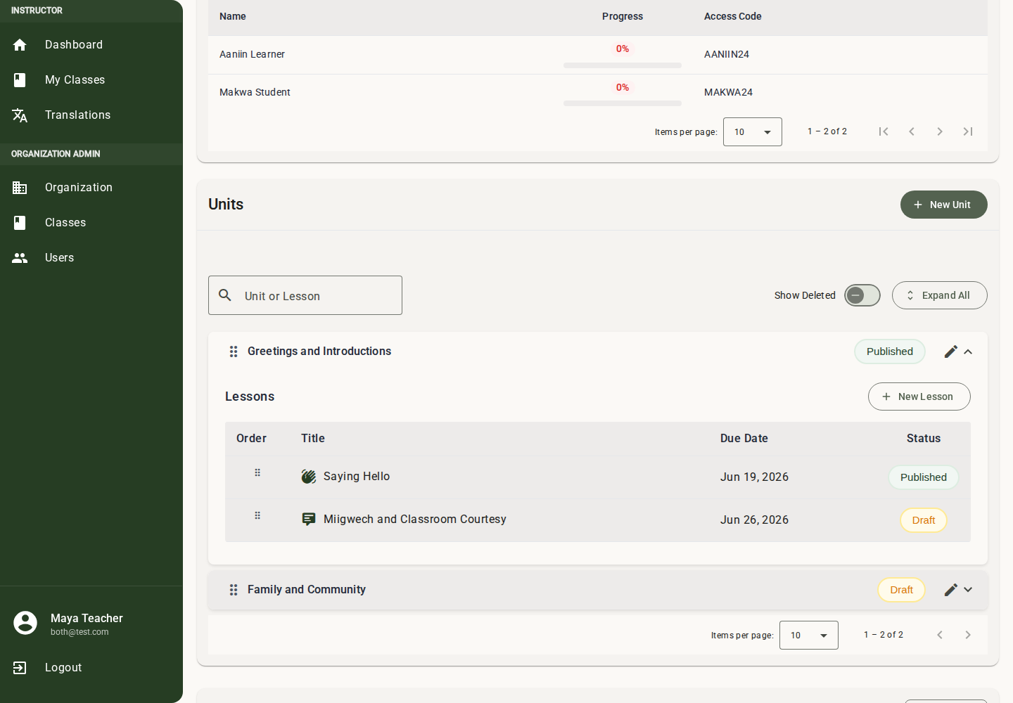 Expanded class curriculum showing units, lessons, dates, and publish status
