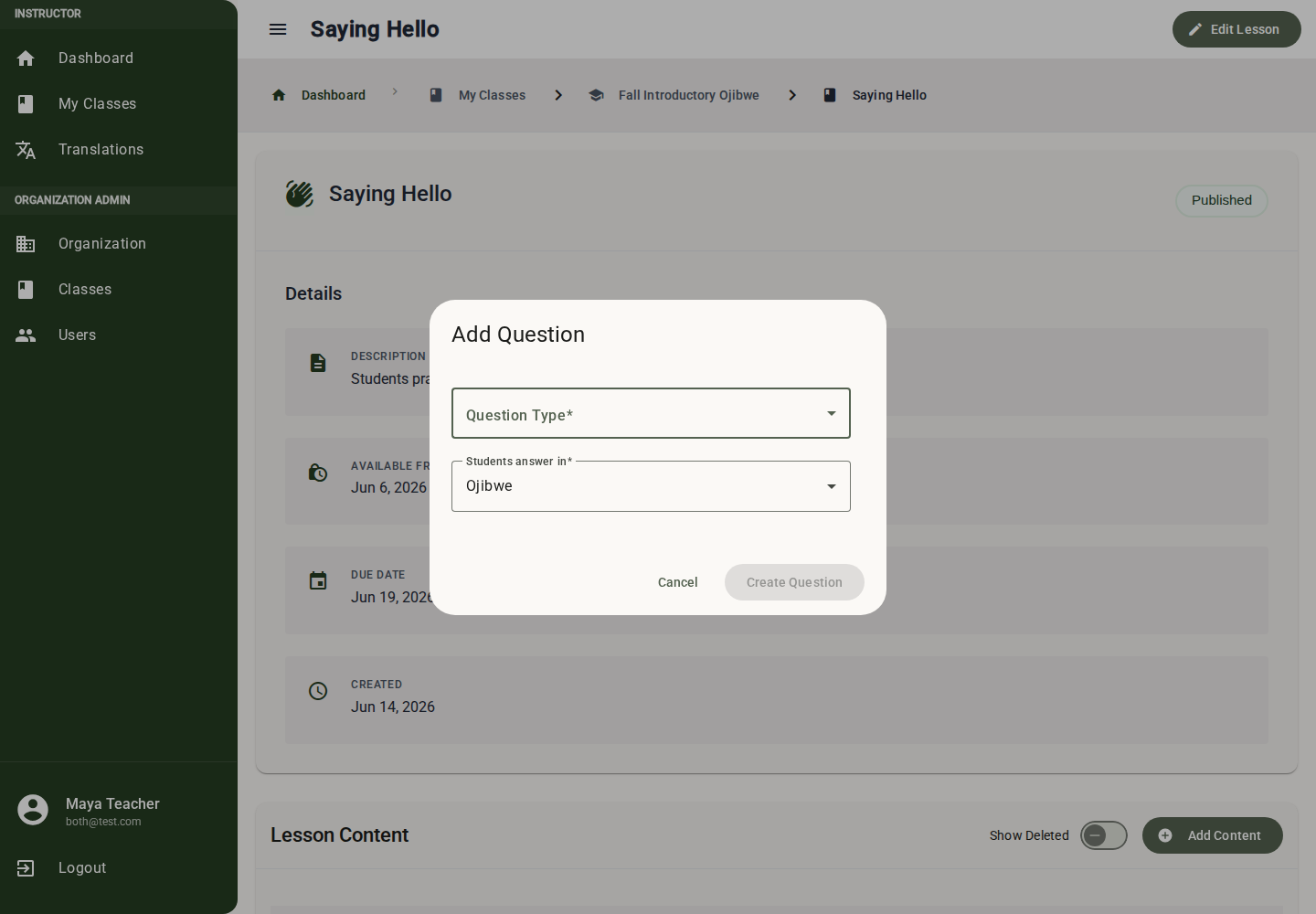 Question creation dialog with question type and answer-language controls
