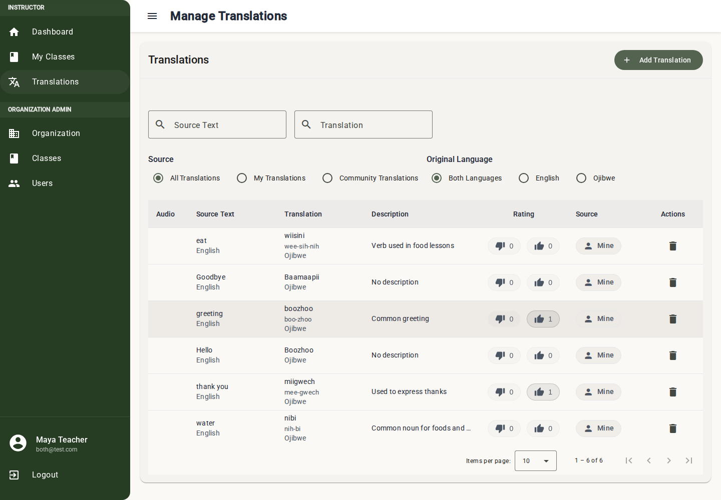 Translations table with source text, translated text, representation fields, filters, and source chips